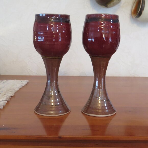 Tall Pottery Wine Goblets, Signed, Scott Frankenberger Artist, Burgundy & Tan - Picture 6 of 9